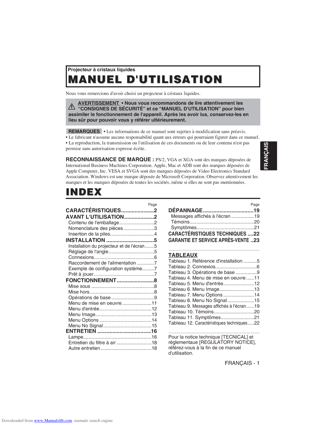 Hitachi CP-X275W user manual Index, Tableaux 