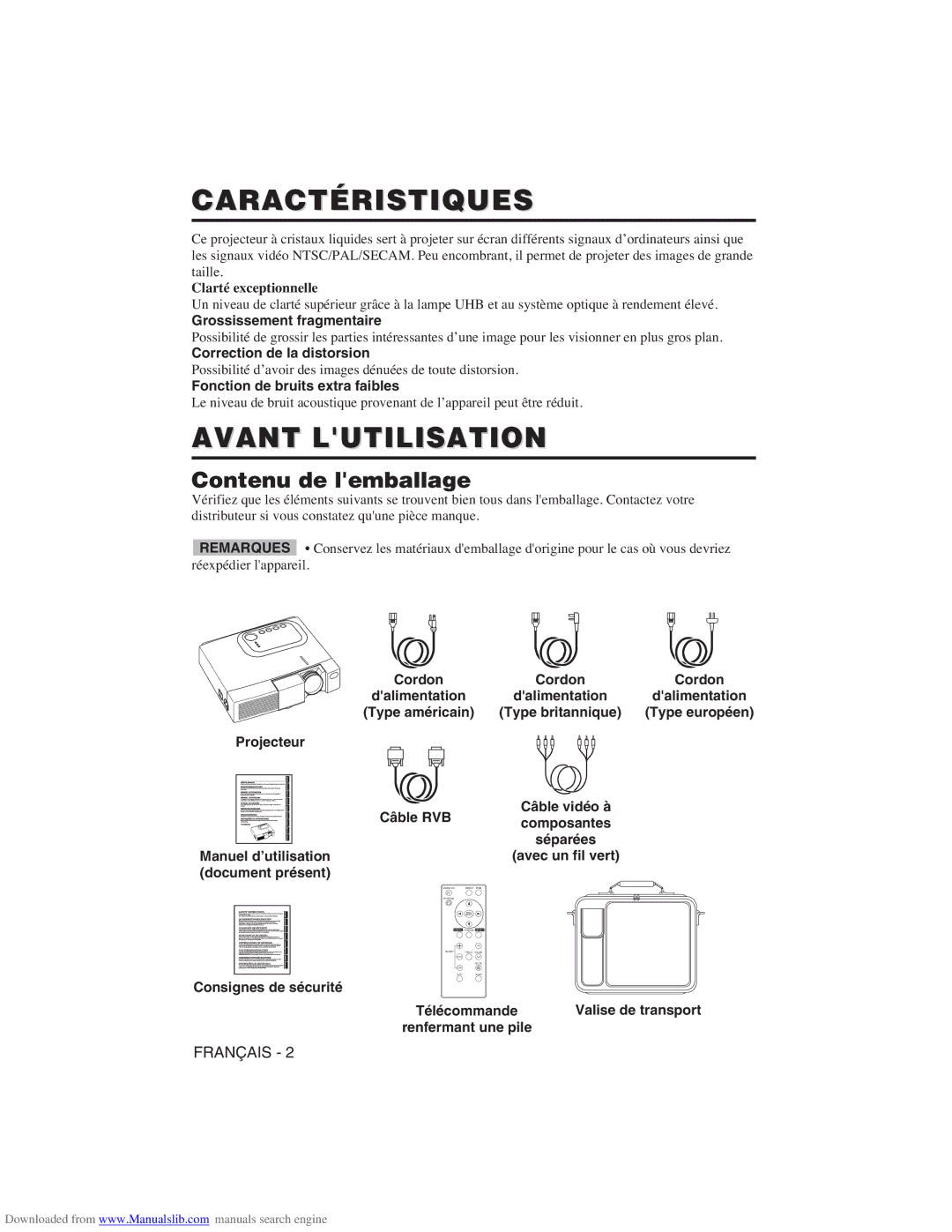 Hitachi CP-X275W user manual Caractéristiques, Avant Lutilisation, Contenu de lemballage 