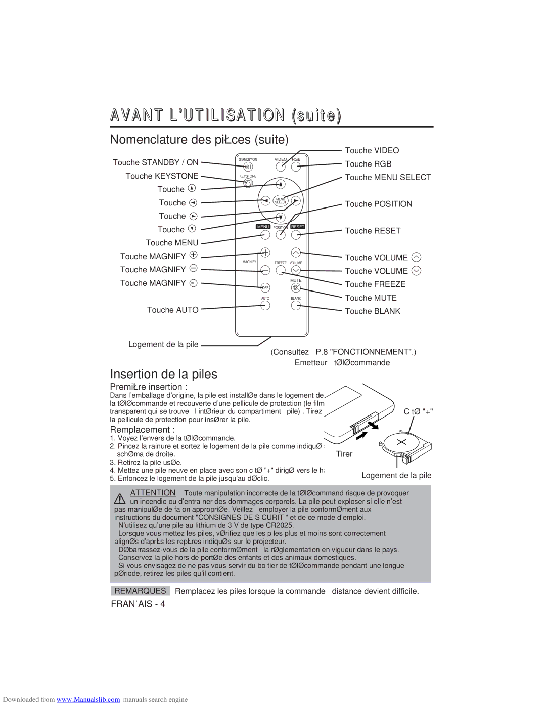 Hitachi CP-X275W Avant Lutilisation suite, Nomenclature des pièces suite, Insertion de la piles, Première insertion 