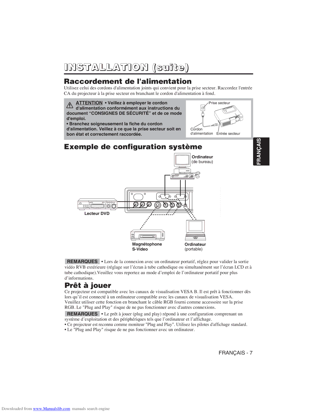 Hitachi CP-X275W user manual Raccordement de lalimentation, Exemple de configuration système, Prêt à jouer, Ordinateur 