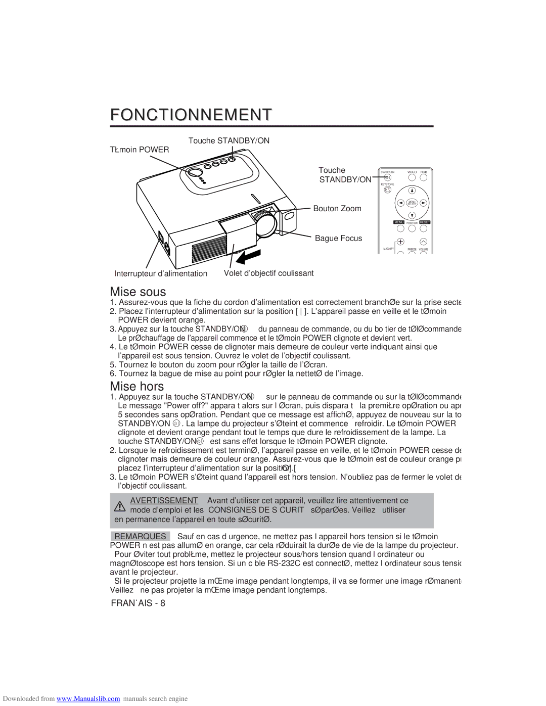 Hitachi CP-X275W user manual Fonctionnement, Mise sous, Mise hors, Touche STANDBY/ON Tèmoin Power 