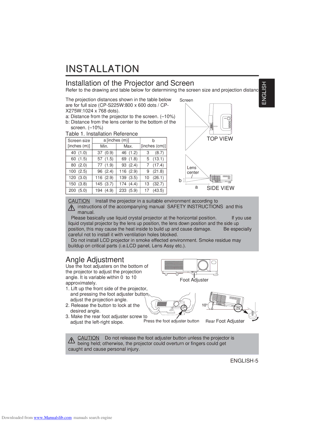 Hitachi CP-X275W user manual Installation of the Projector and Screen, Angle Adjustment, TOP View 