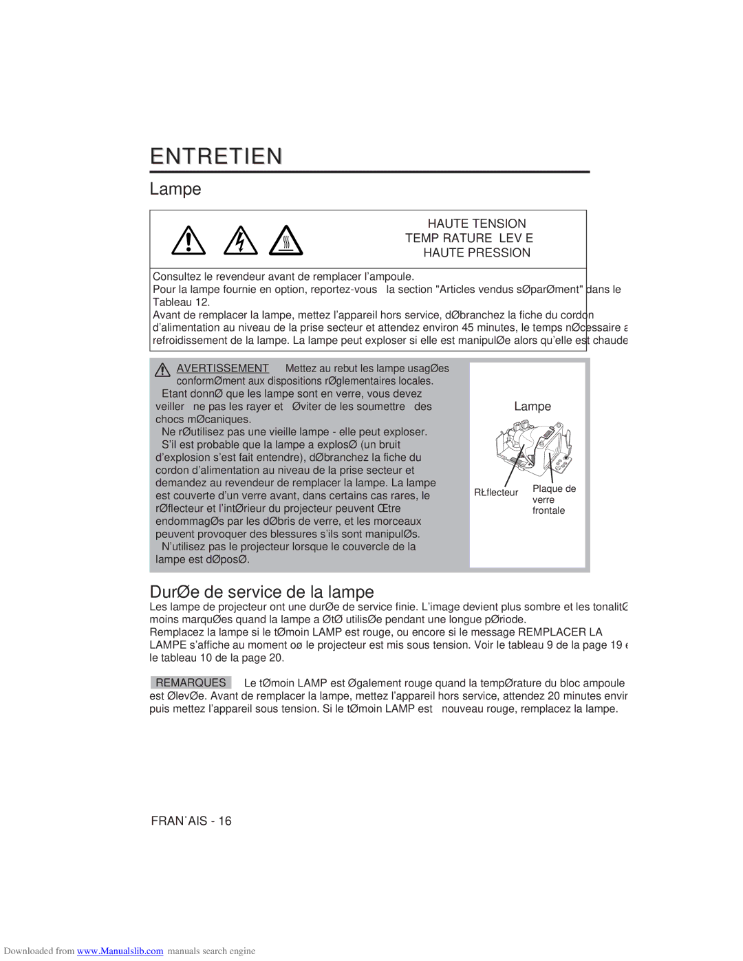 Hitachi CP-X275W Entretien, Lampe, Durée de service de la lampe, Haute Tension Température Élevée Haute Pression 