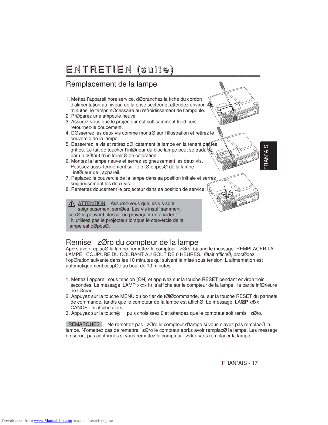 Hitachi CP-X275W user manual Entretien suite, Remplacement de la lampe, Remise à zéro du compteur de la lampe 