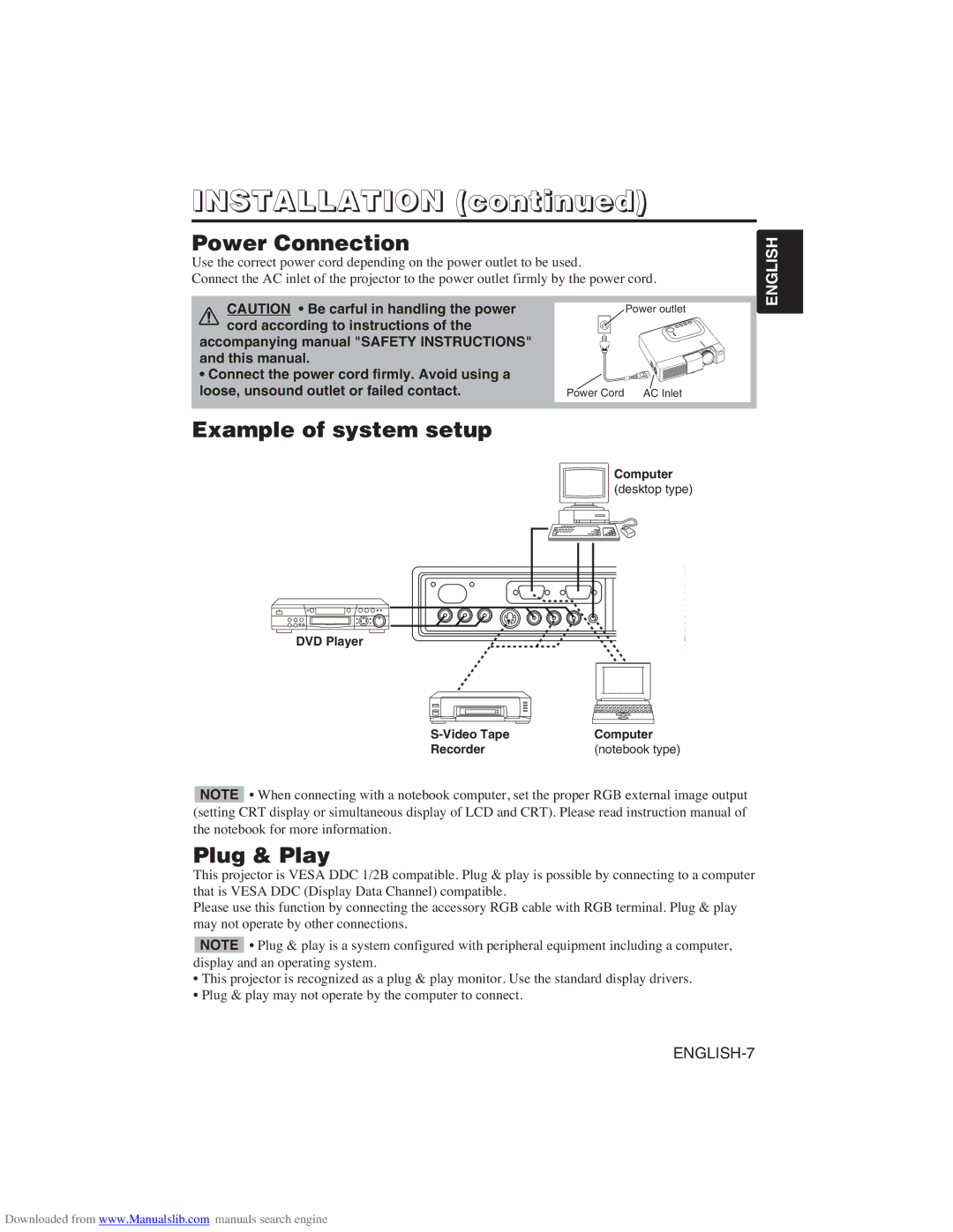 Hitachi CP-X275W user manual Power Connection, Example of system setup, Plug & Play 