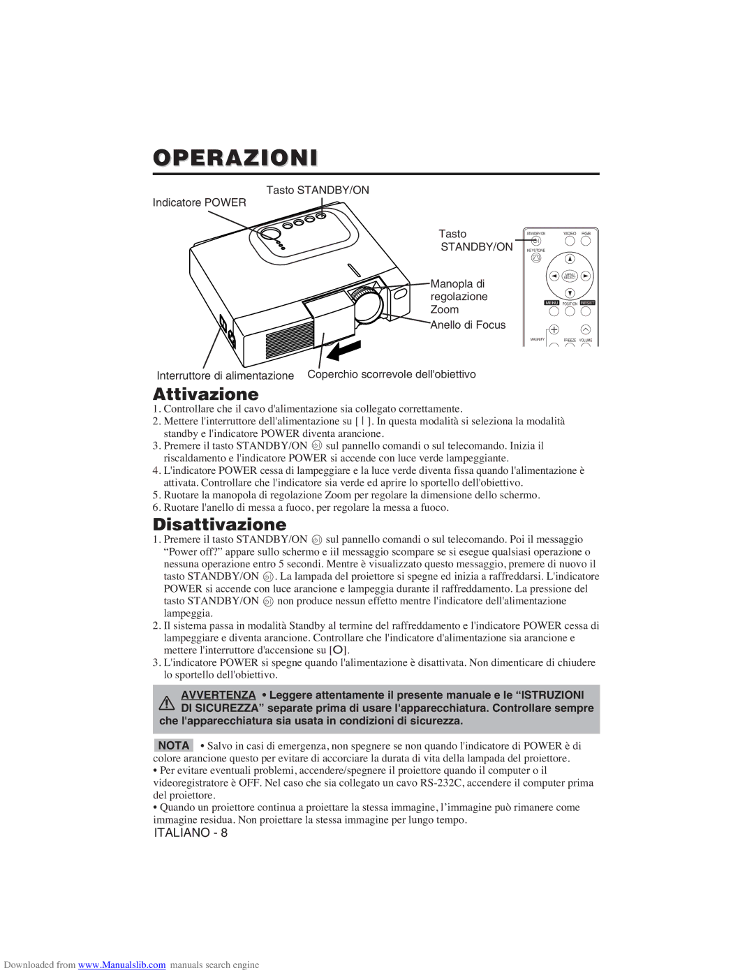 Hitachi CP-X275W user manual Operazioni, Attivazione, Disattivazione, Tasto STANDBY/ON Indicatore Power 