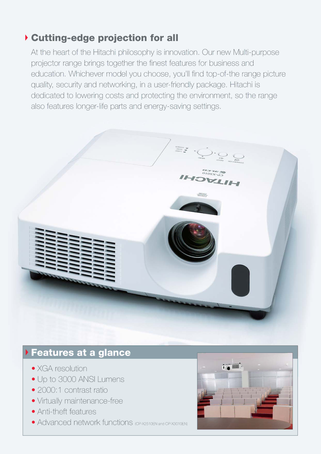 Hitachi CP-X2510EN, CP-X3010EN manual Cutting-edge projection for all, Features at a glance 