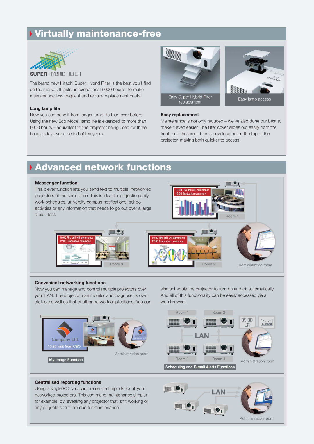 Hitachi CP-X3010EN, CP-X2510EN manual Virtually maintenance-free, Advanced network functions 