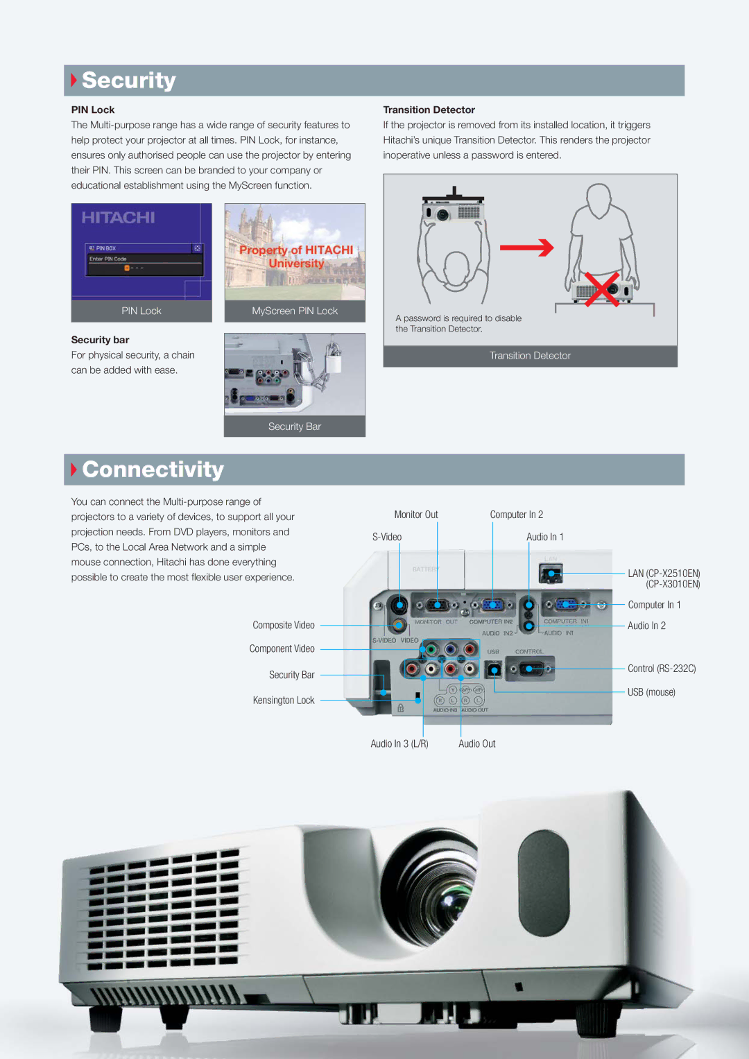 Hitachi CP-X2510EN, CP-X3010EN manual Connectivity, PIN Lock, Security bar, Transition Detector 