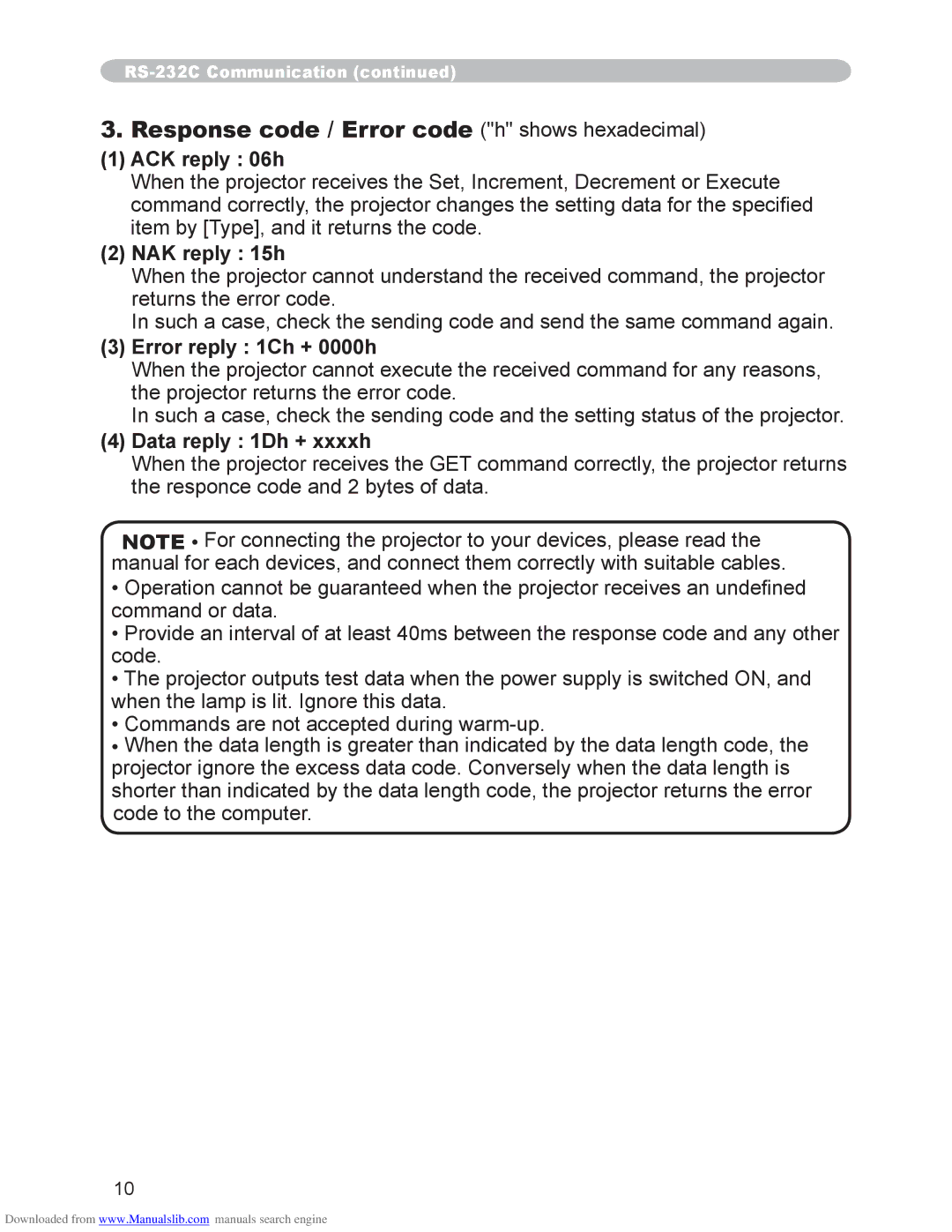 Hitachi CP-X3010N, CP-X2510N user manual Response code / Error code h shows hexadecimal 