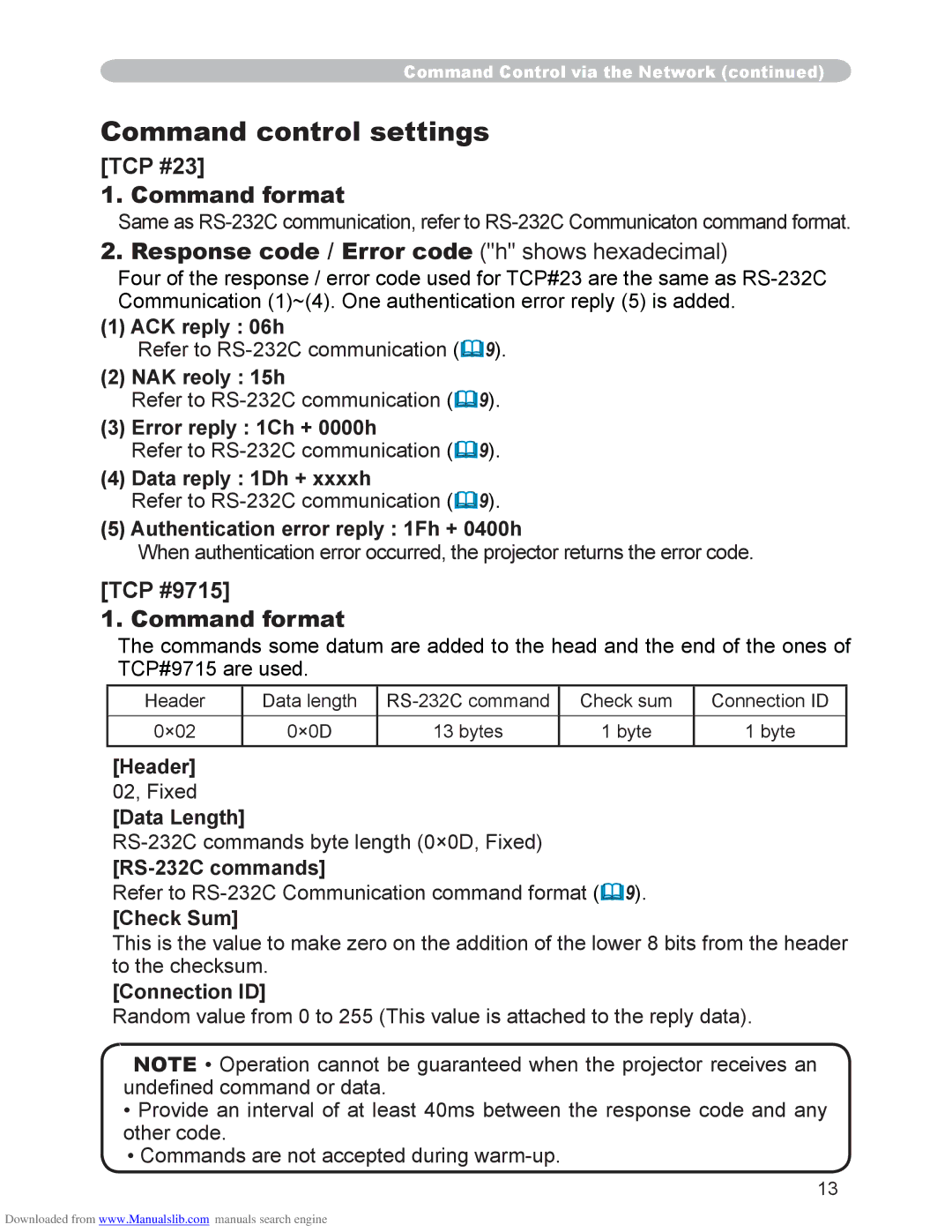 Hitachi CP-X2510N, CP-X3010N user manual Command control settings, TCP #9715 Command format 