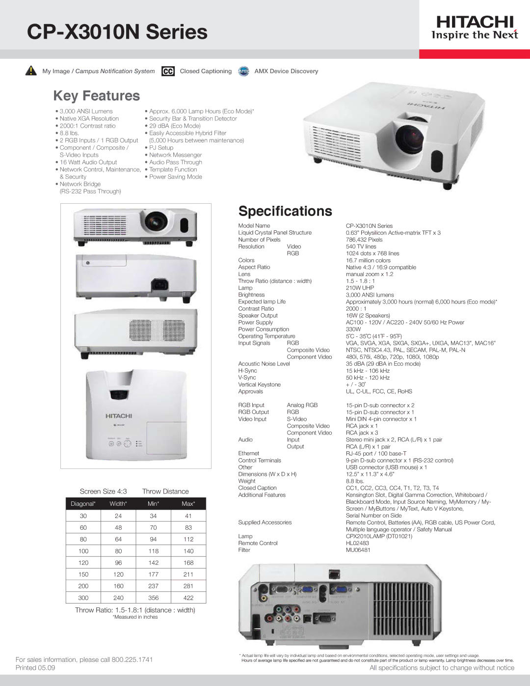 Hitachi specifications CP-X3010N Series, Key Features, Speciﬁcations, Screen Size Throw Distance 