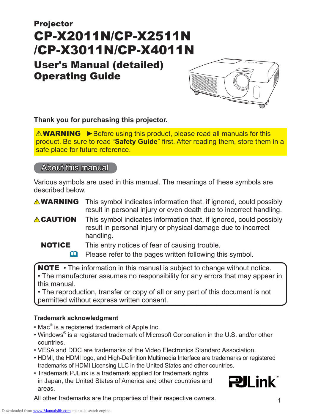 Hitachi CP-X2511N user manual About this manual, Thank you for purchasing this projector, Trademark acknowledgment 