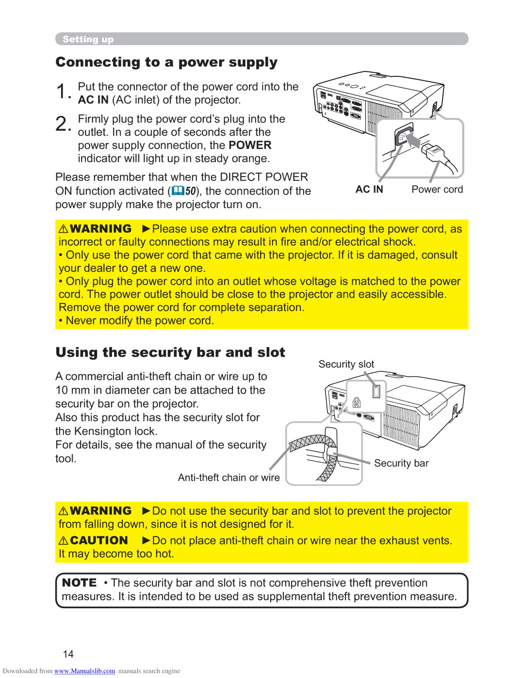 Hitachi CP-X4011N, CP-X3011N, CP-X2511N user manual Connecting to a power supply, Using the security bar and slot 