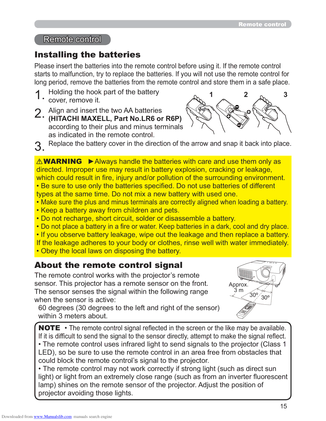 Hitachi CP-X3011N, CP-X2511N, CP-X4011N user manual Remote control, Installing the batteries, About the remote control signal 