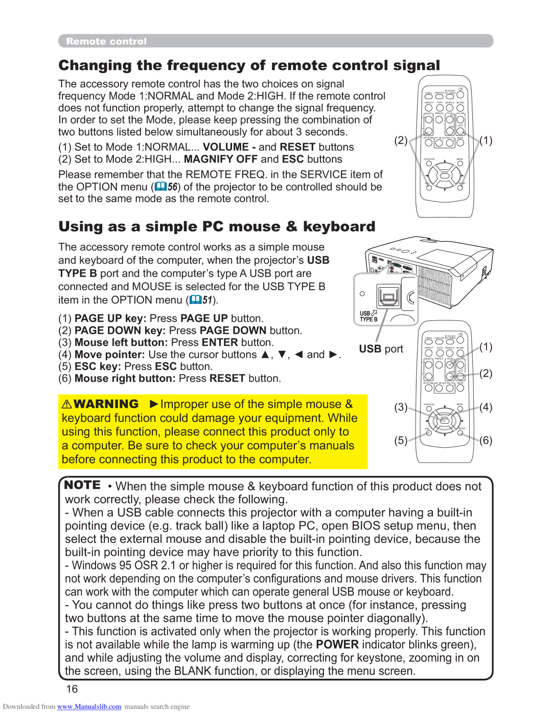 Hitachi CP-X2511N Changing the frequency of remote control signal, Using as a simple PC mouse & keyboard, USB port 