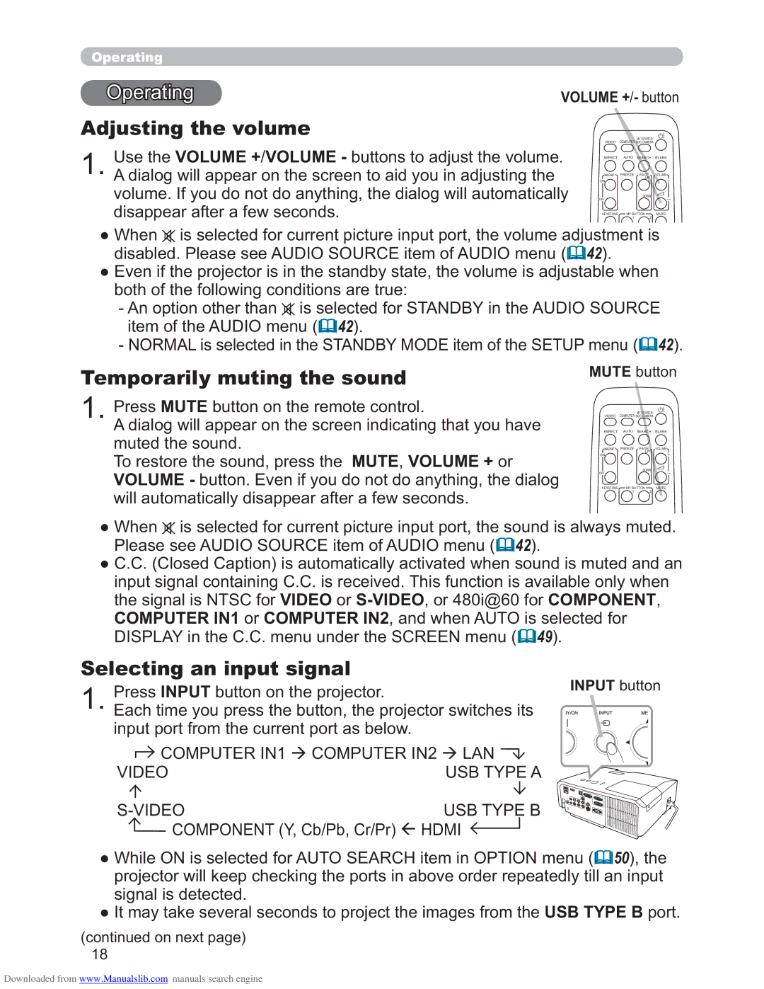 Hitachi CP-X3011N, CP-X2511N Operating, Adjusting the volume, Temporarily muting the sound, Selecting an input signal 