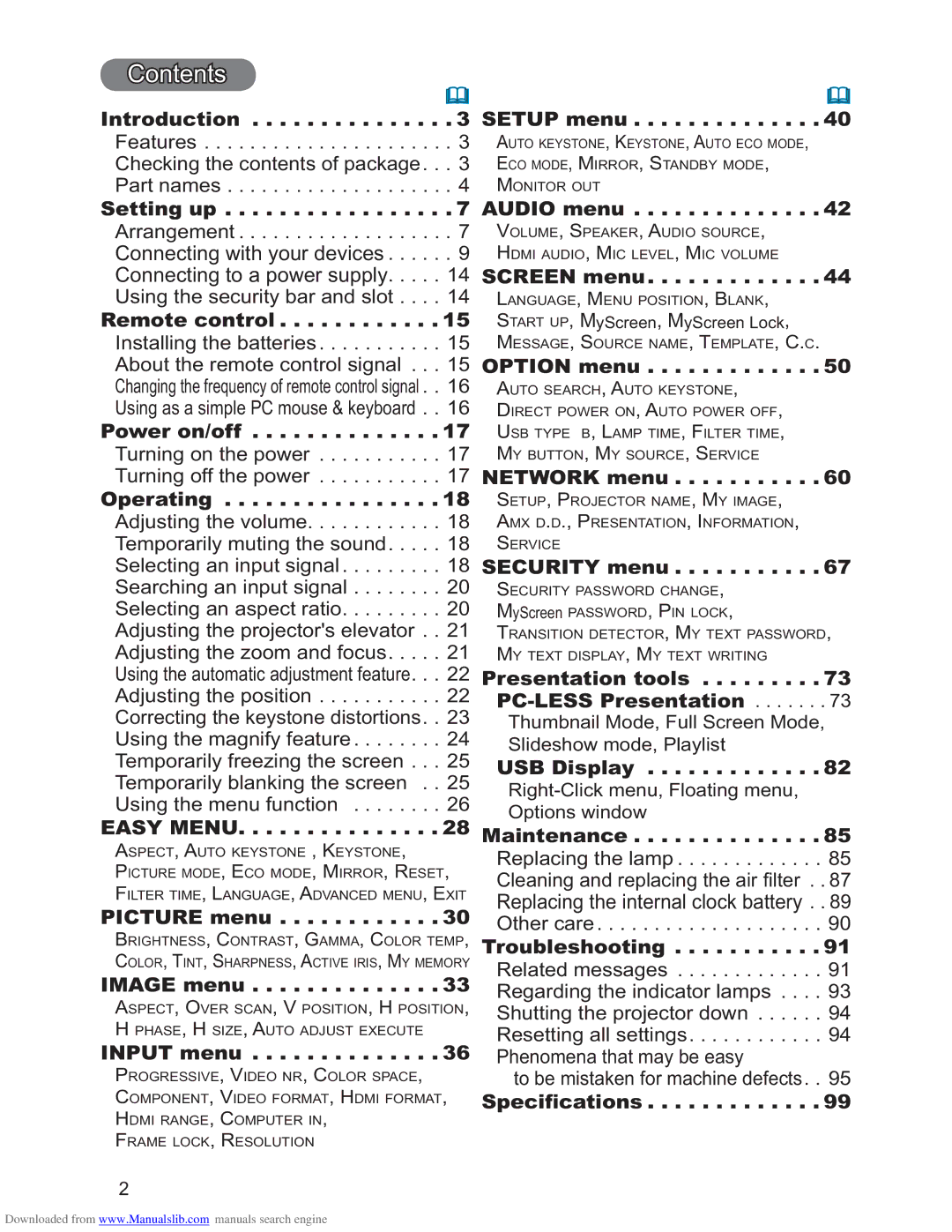 Hitachi CP-X4011N, CP-X3011N, CP-X2511N user manual Contents 