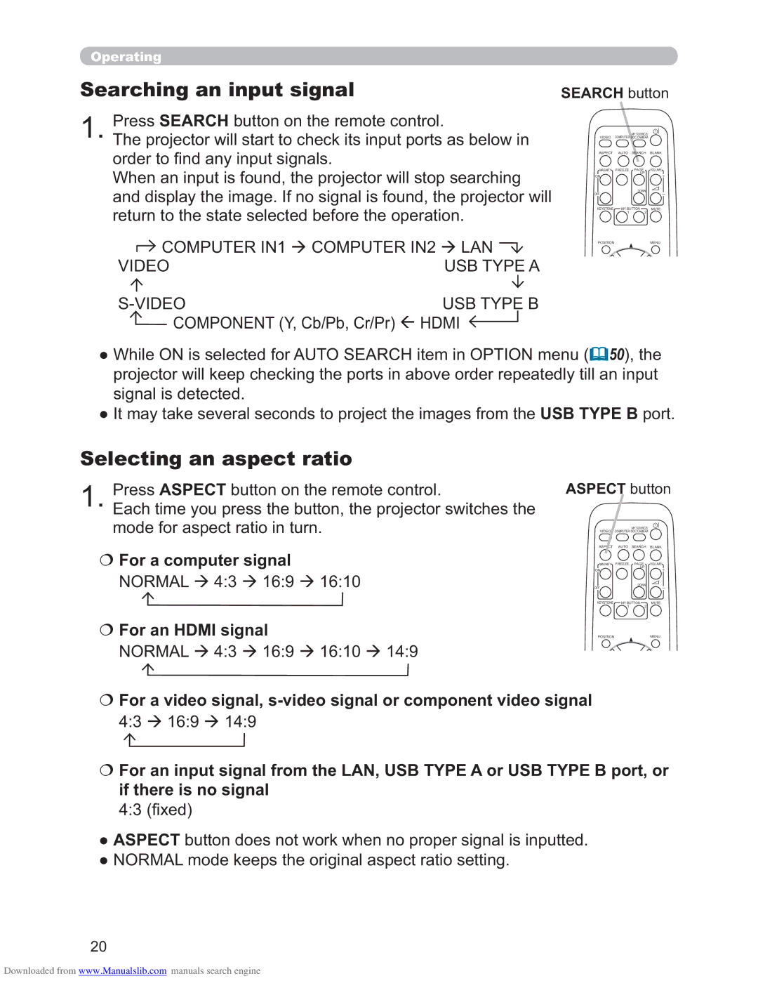 Hitachi CP-X4011N Searching an input signal, Selecting an aspect ratio, For an Hdmi signal, Search button, Aspect button 