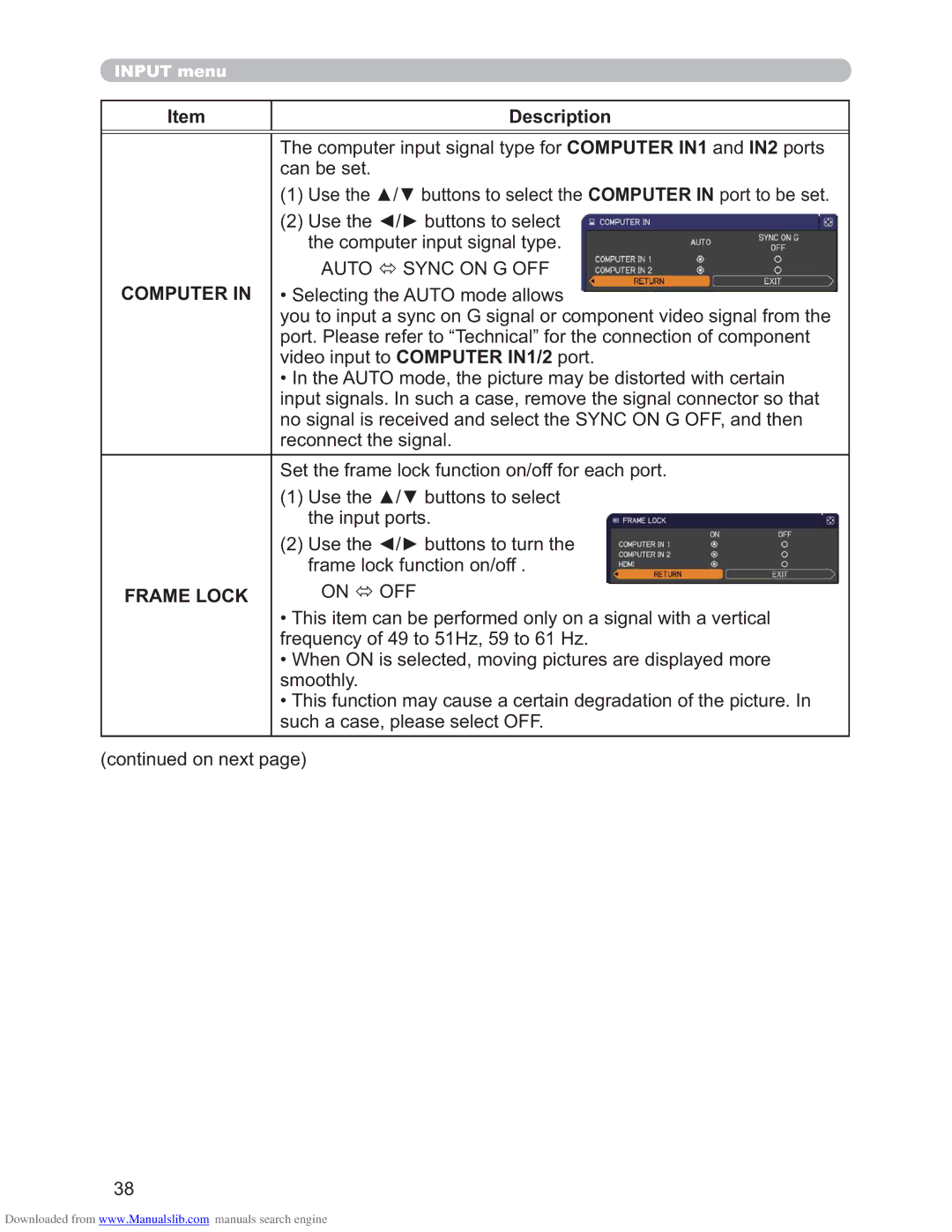 Hitachi CP-X4011N, CP-X3011N, CP-X2511N user manual Auto Sync on G OFF, Frame Lock, On OFF 