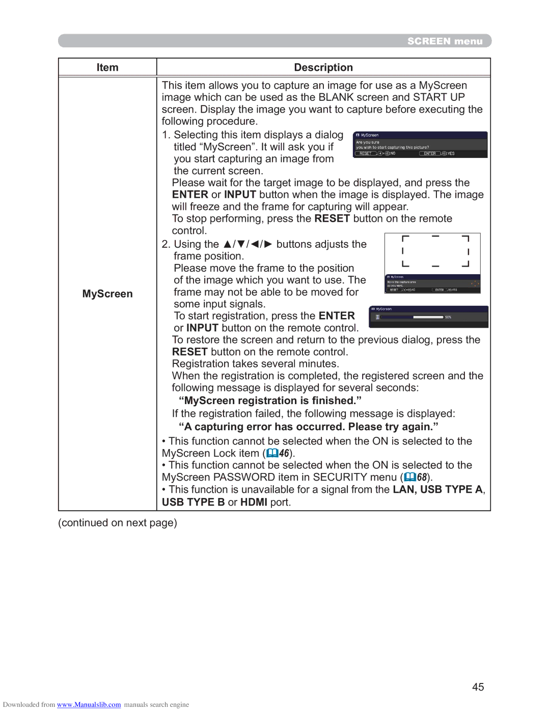 Hitachi CP-X3011N, CP-X2511N MyScreen registration is ﬁnished, Capturing error has occurred. Please try again 