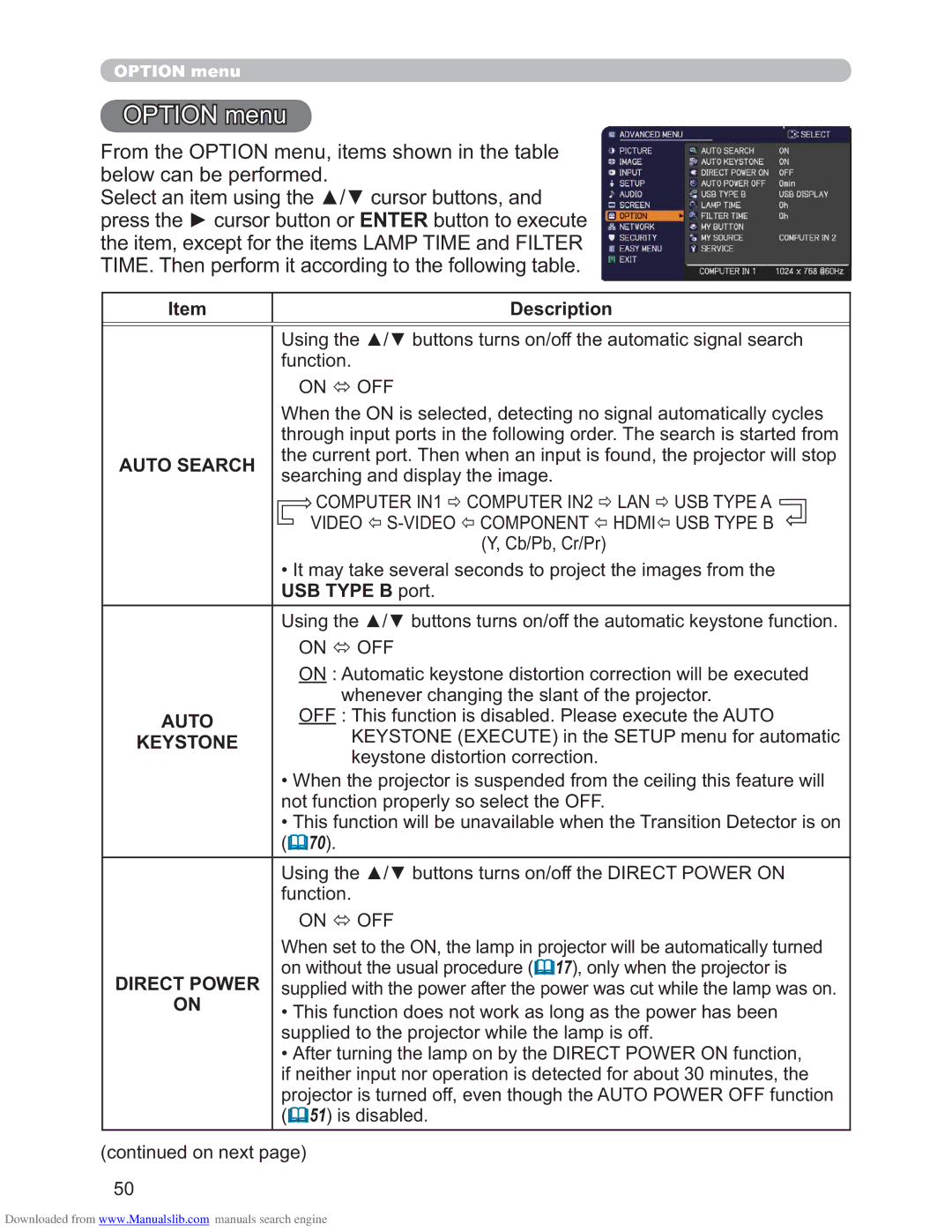 Hitachi CP-X4011N, CP-X3011N, CP-X2511N user manual Option menu, USB Type B port, Auto 