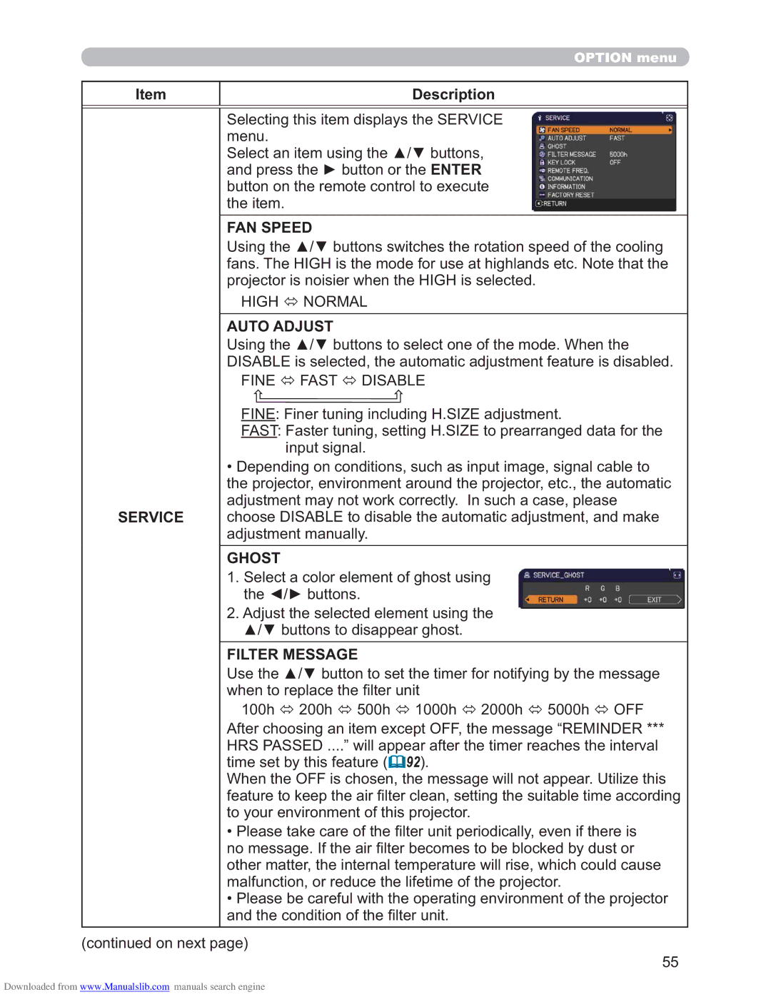 Hitachi CP-X2511N, CP-X3011N, CP-X4011N user manual Service, FAN Speed, Auto Adjust, Ghost, Filter Message 