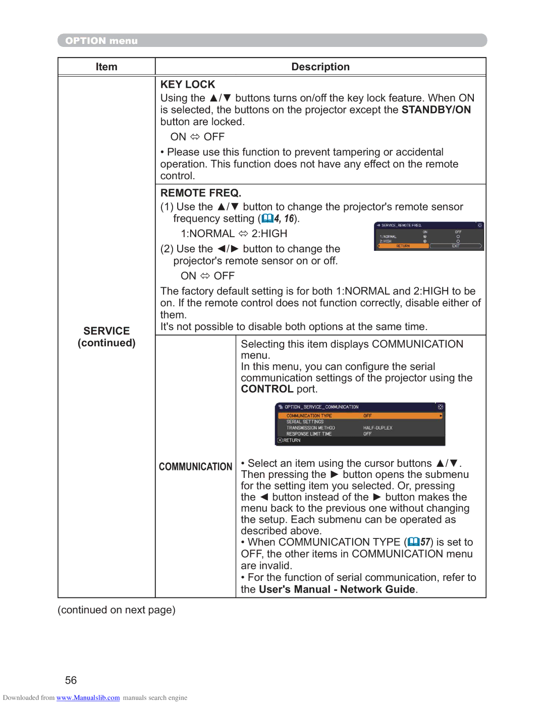 Hitachi CP-X4011N, CP-X3011N, CP-X2511N user manual KEY Lock, Remote Freq, 1NORMAL 2HIGH, Control port 