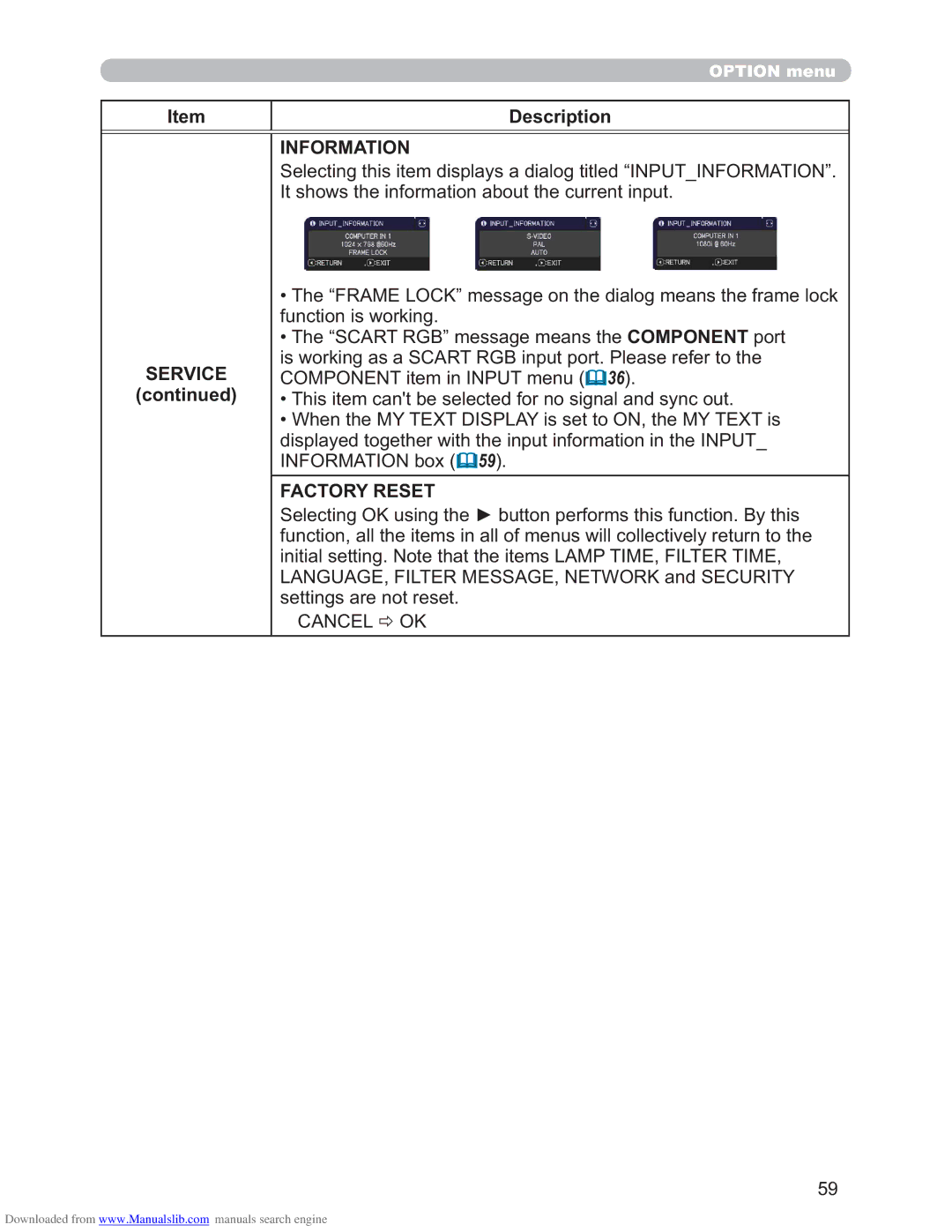 Hitachi CP-X4011N, CP-X3011N, CP-X2511N user manual Information, Factory Reset 