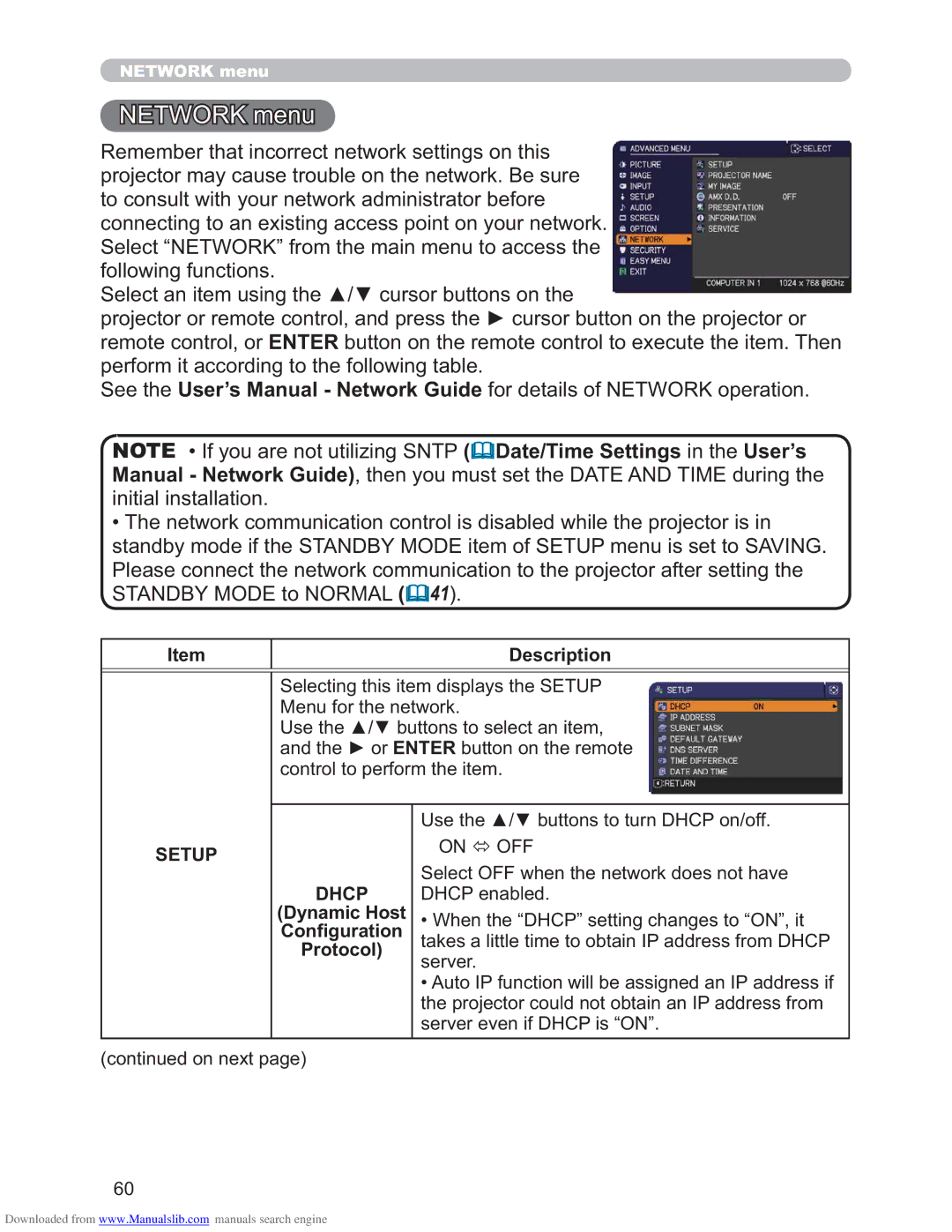 Hitachi CP-X3011N, CP-X2511N, CP-X4011N user manual Network menu, Dhcp, Dynamic Host, Conﬁguration, Protocol 