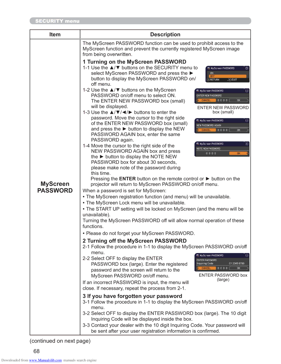 Hitachi CP-X4011N, CP-X3011N, CP-X2511N user manual Turning on the MyScreen Password, Turning off the MyScreen Password 