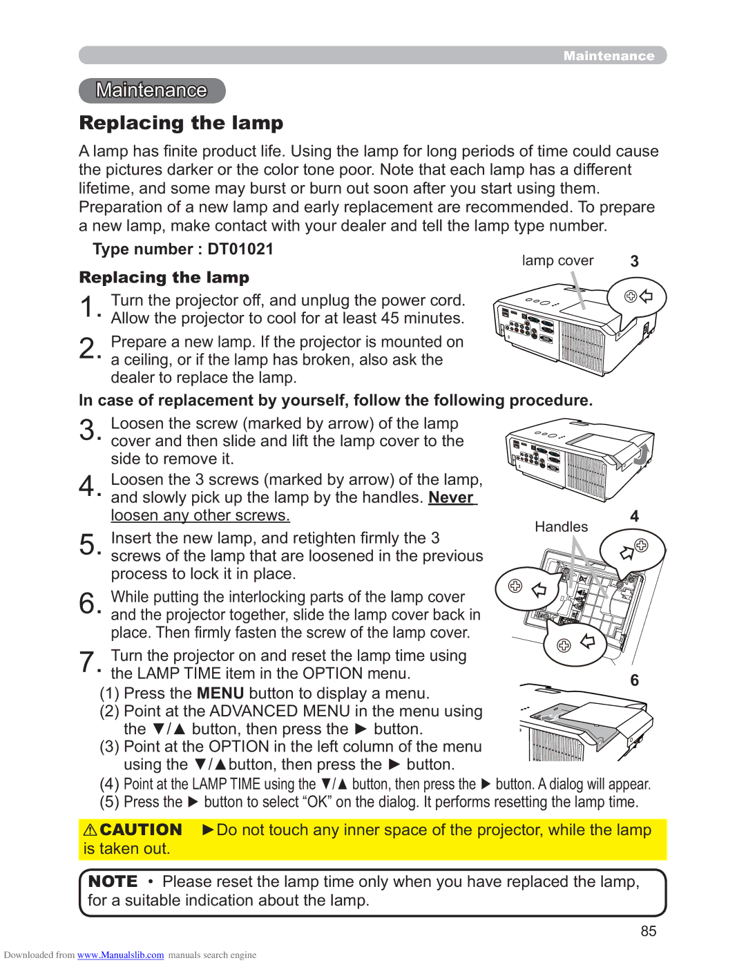 Hitachi CP-X2511N, CP-X3011N, CP-X4011N user manual Maintenance, Replacing the lamp, Type number DT01021 