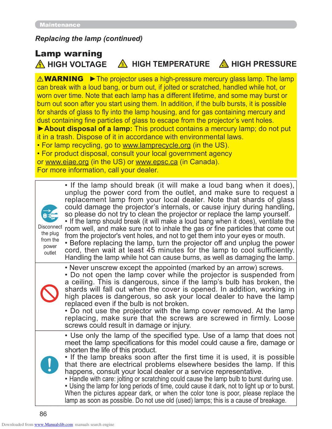 Hitachi CP-X4011N, CP-X3011N, CP-X2511N user manual Lamp warning, High Voltage High Temperature High Pressure 