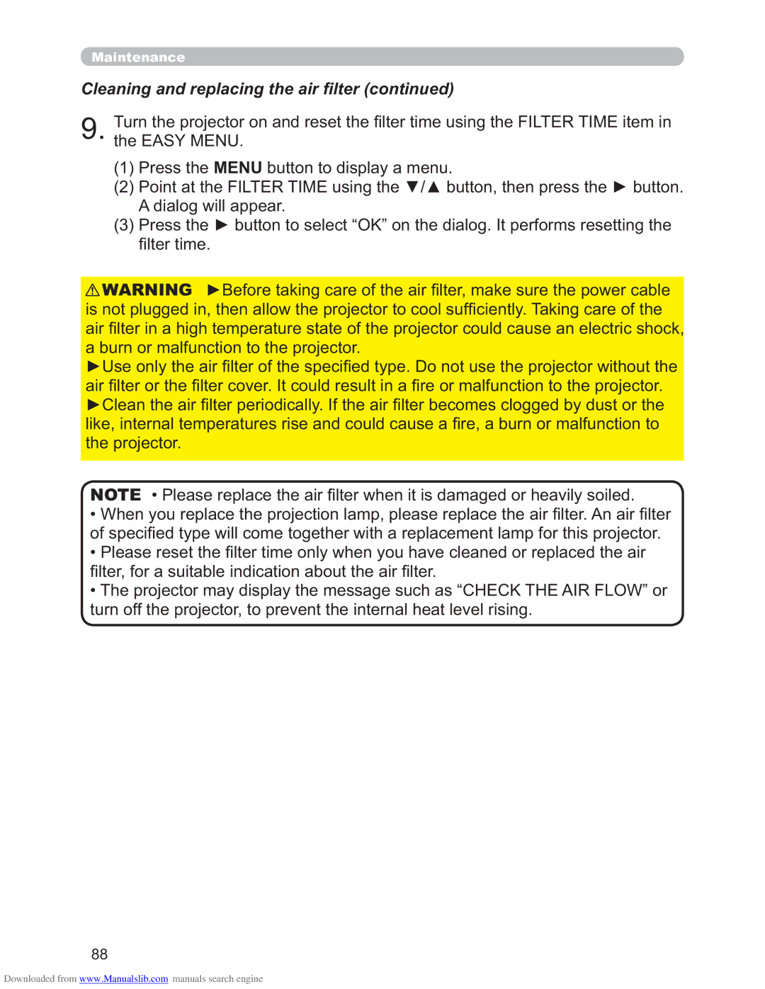 Hitachi CP-X2511N, CP-X3011N, CP-X4011N user manual Cleaning and replacing the air ﬁlter 