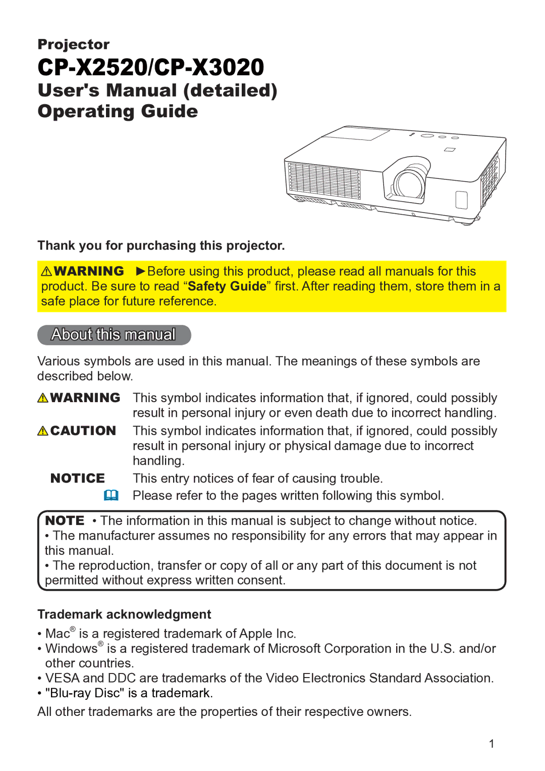 Hitachi CP-X3020 user manual About this manual, Thank you for purchasing this projector, Trademark acknowledgment 