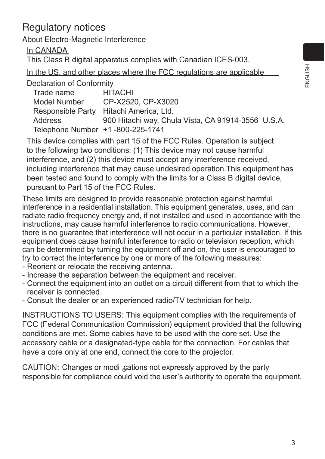 Hitachi CP-X3020 user manual Regulatory notices, About Electro-Magnetic Interference Canada 