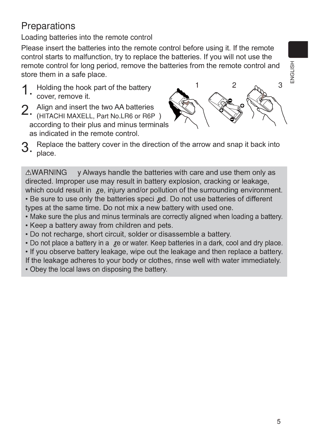 Hitachi CP-X3020 user manual Preparations, Loading batteries into the remote control 