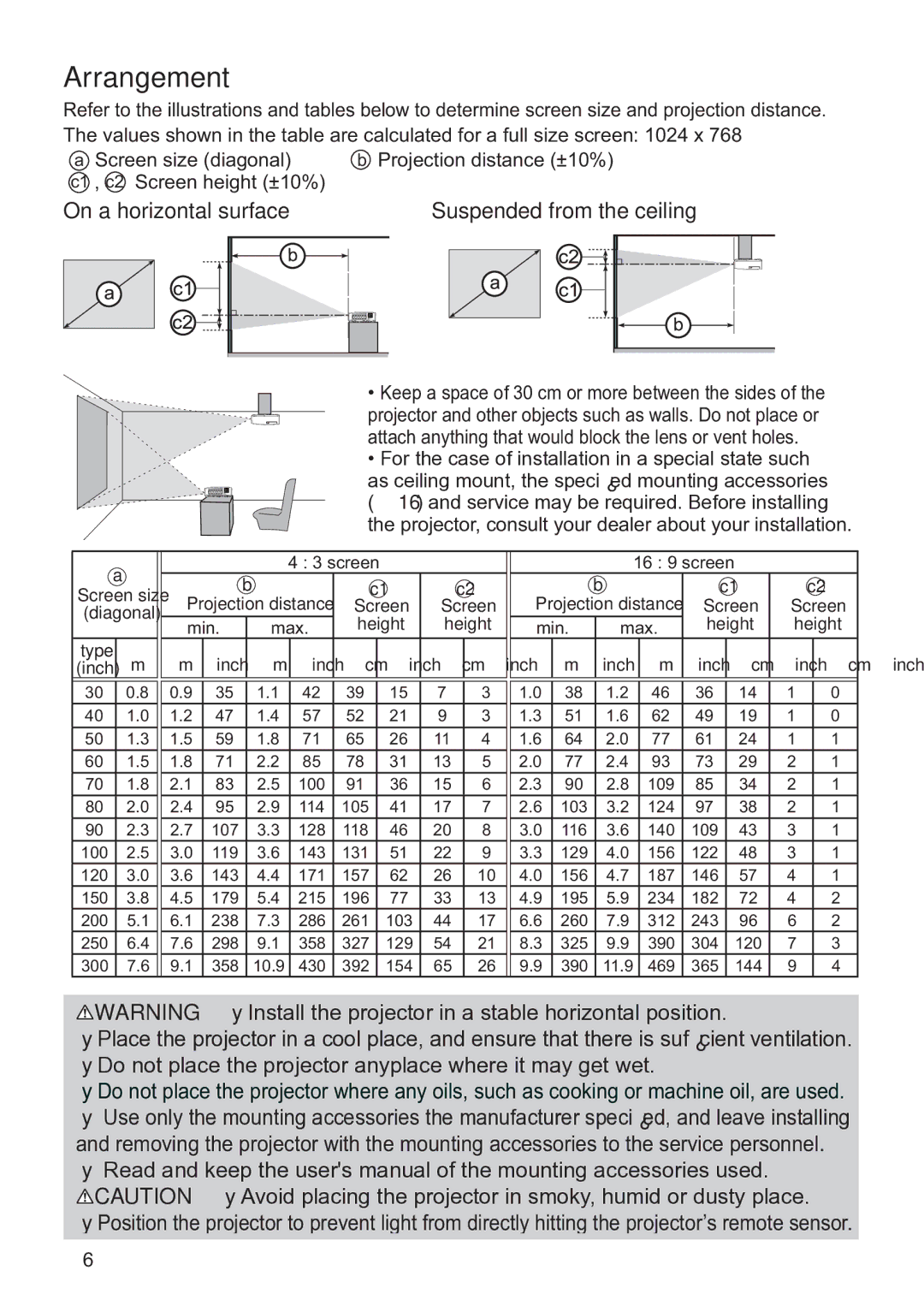 Hitachi CP-X3020 user manual Arrangement, Keep a space of 30 cm or more between the sides 