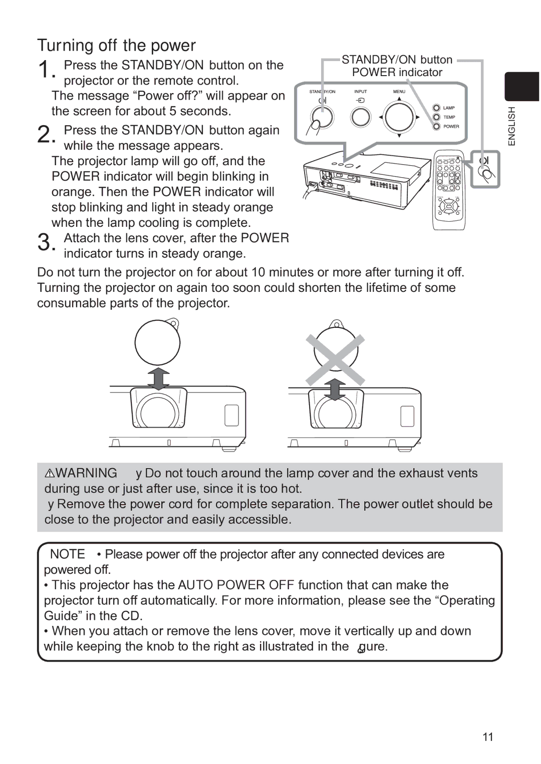 Hitachi CP-X3020 user manual Turning off the power, STANDBY/ON button 