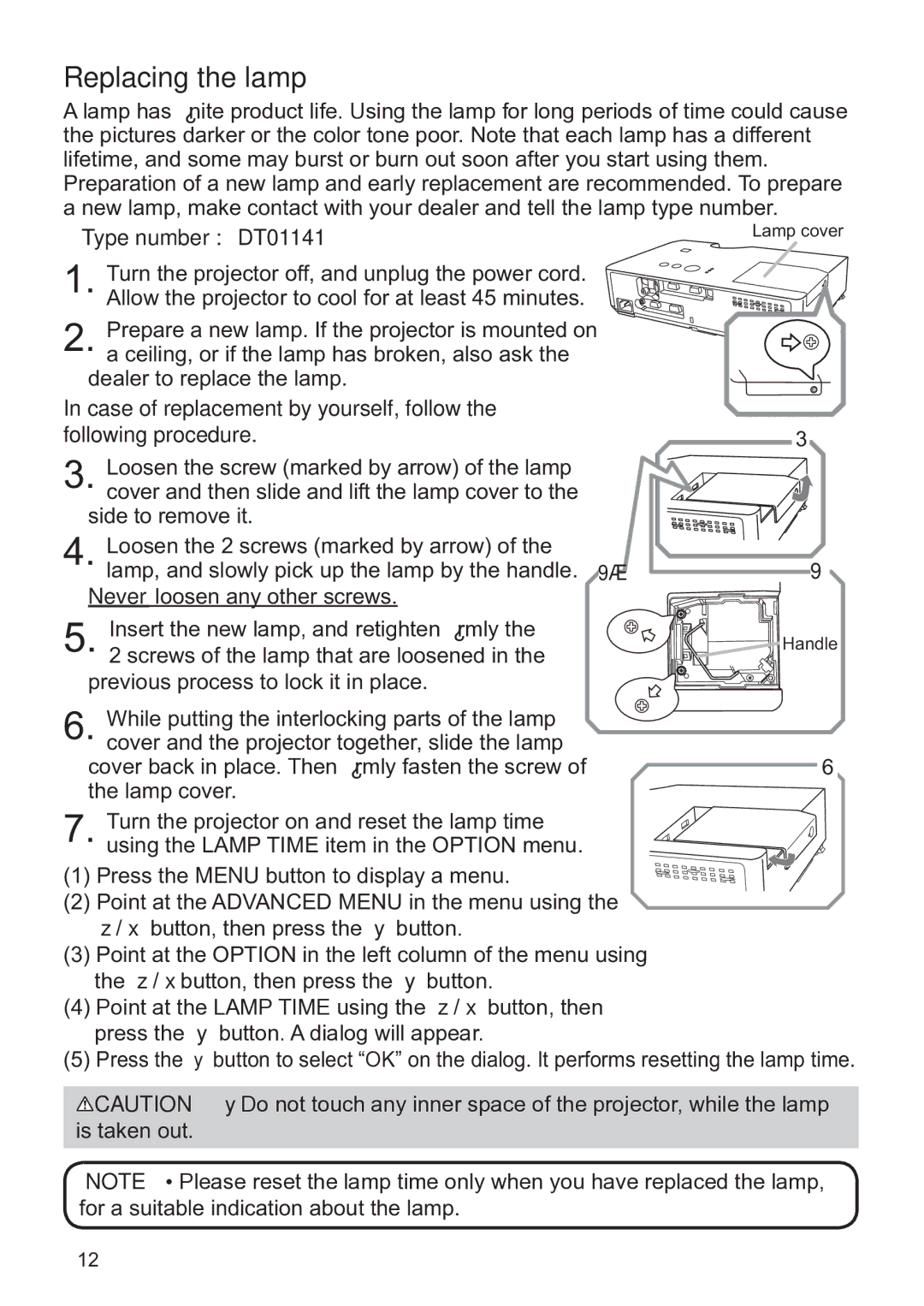 Hitachi CP-X3020 user manual Replacing the lamp, Type number DT01141 