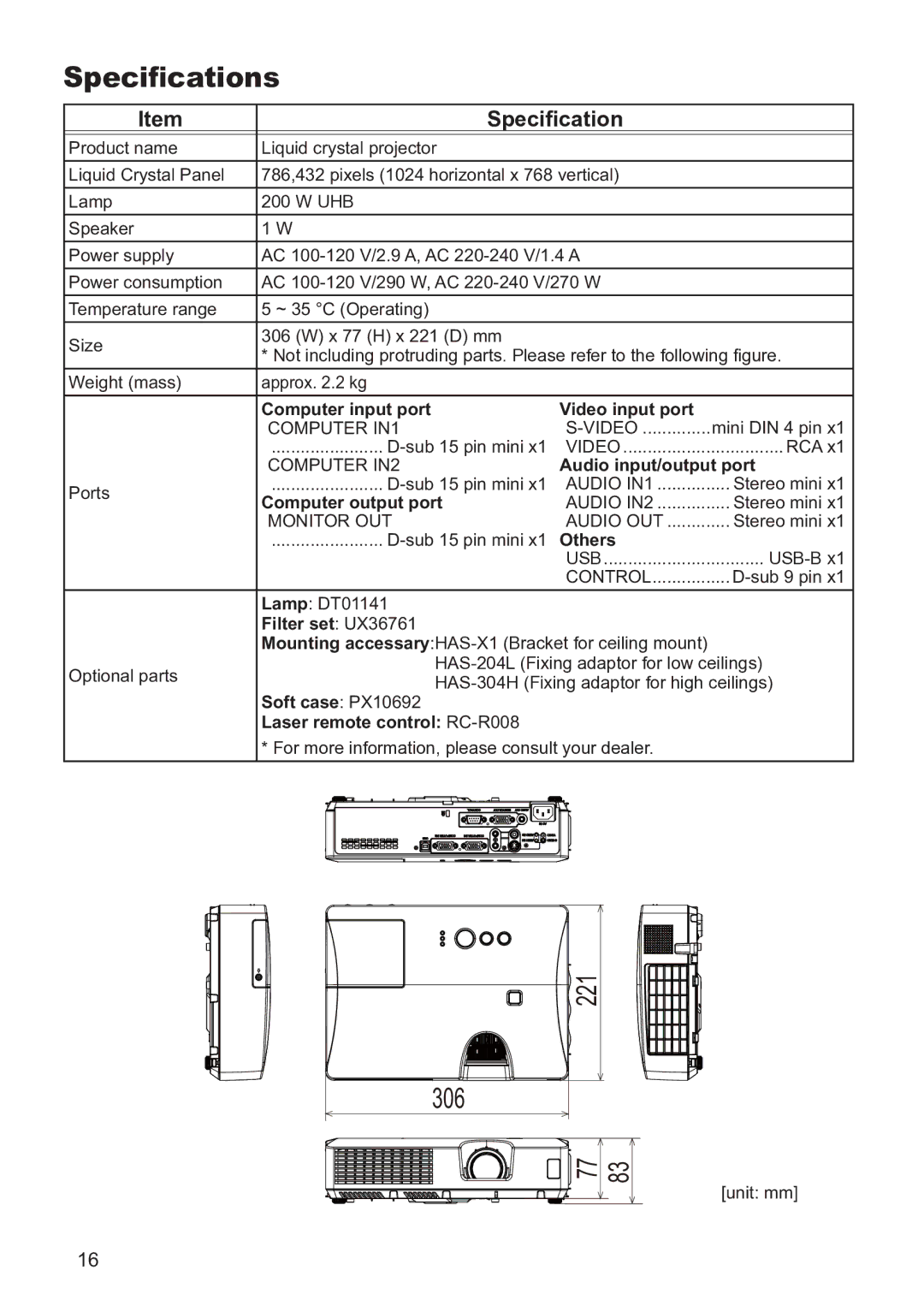 Hitachi CP-X3020 user manual 6SHFLÀFDWLRQV 