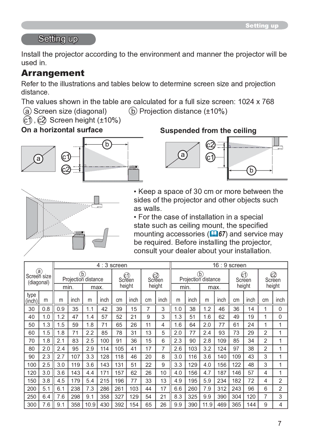 Hitachi CP-X3020 user manual Setting up, Arrangement, On a horizontal surface Suspended from the ceiling 