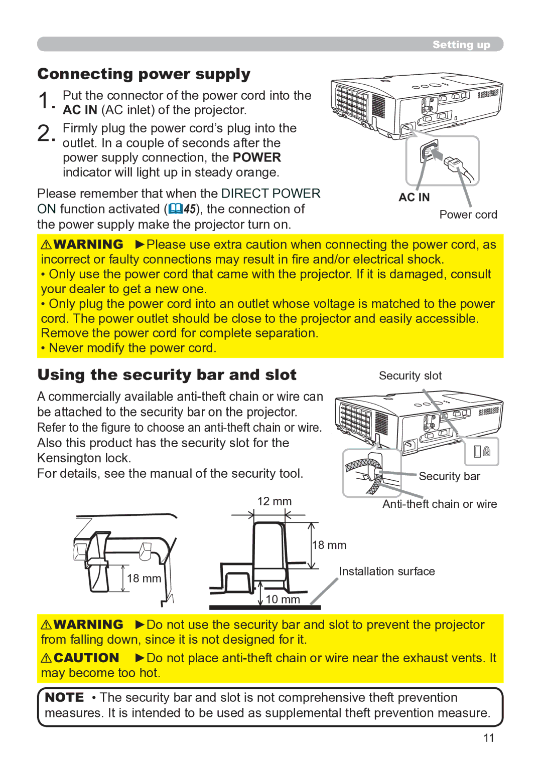 Hitachi CP-X3020 user manual Connecting power supply, Using the security bar and slot 