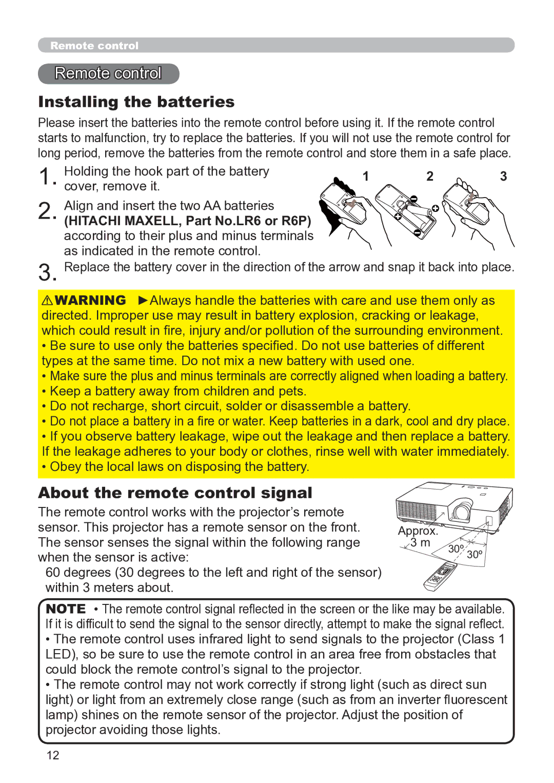 Hitachi CP-X3020 user manual Remote control, Installing the batteries, About the remote control signal 