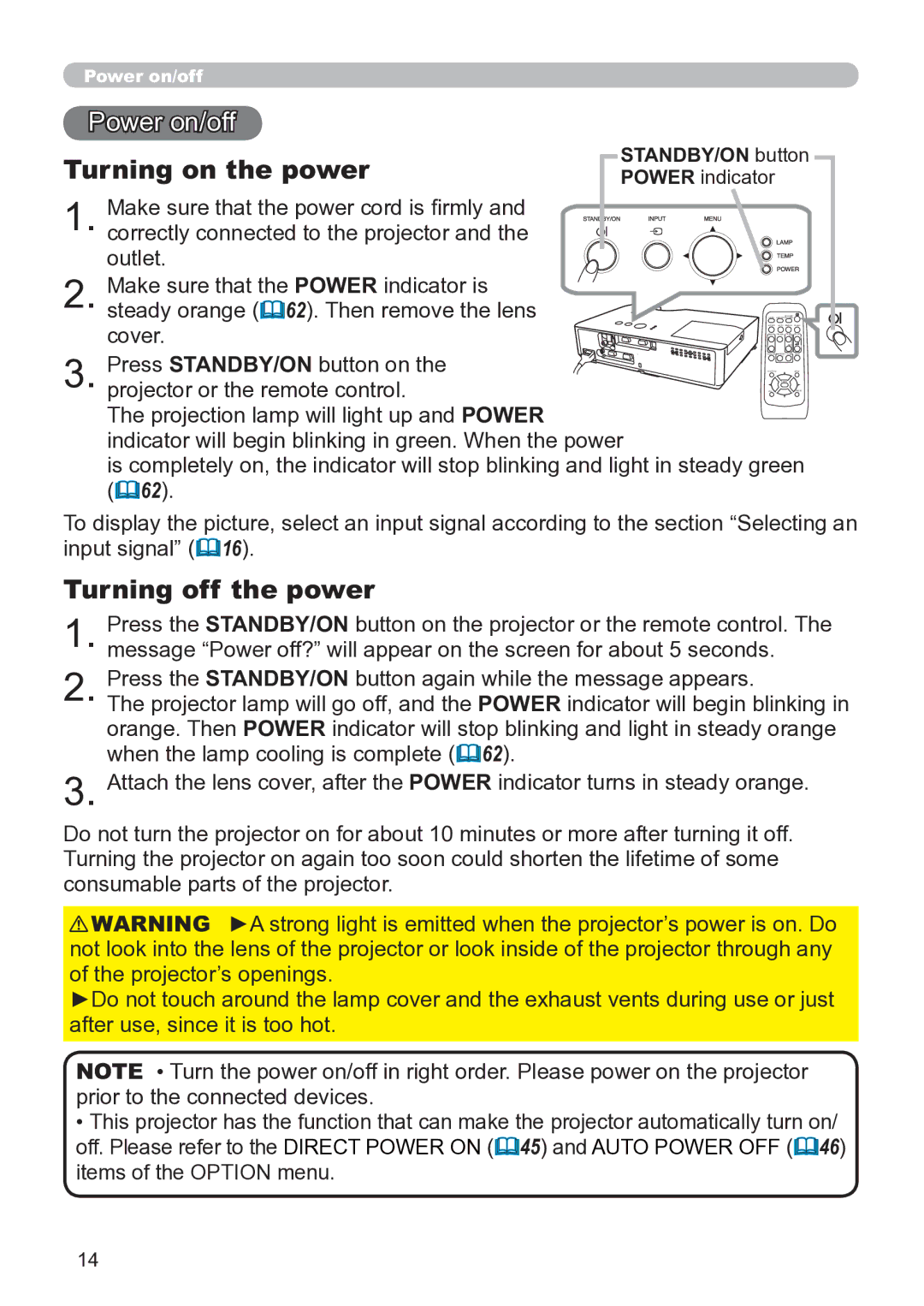 Hitachi CP-X3020 user manual Power on/off, Turning on the power, Turning off the power, STANDBY/ON button 