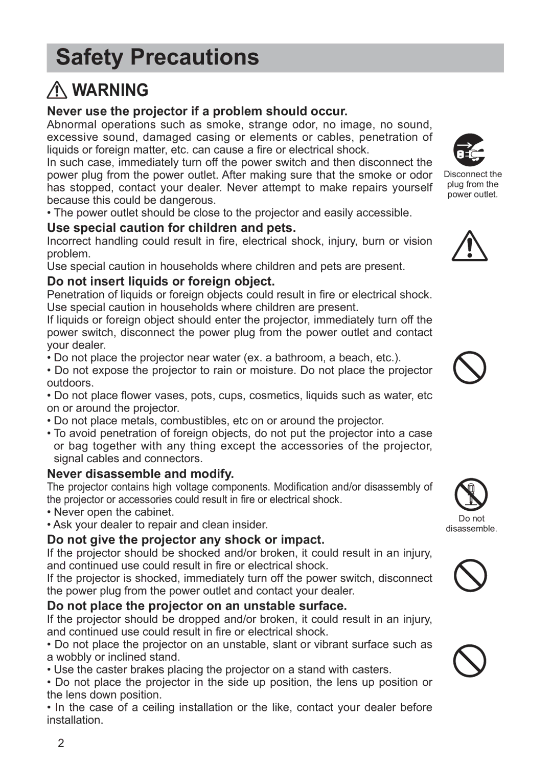 Hitachi CP-X3020 user manual Never use the projector if a problem should occur, Use special caution for children and pets 