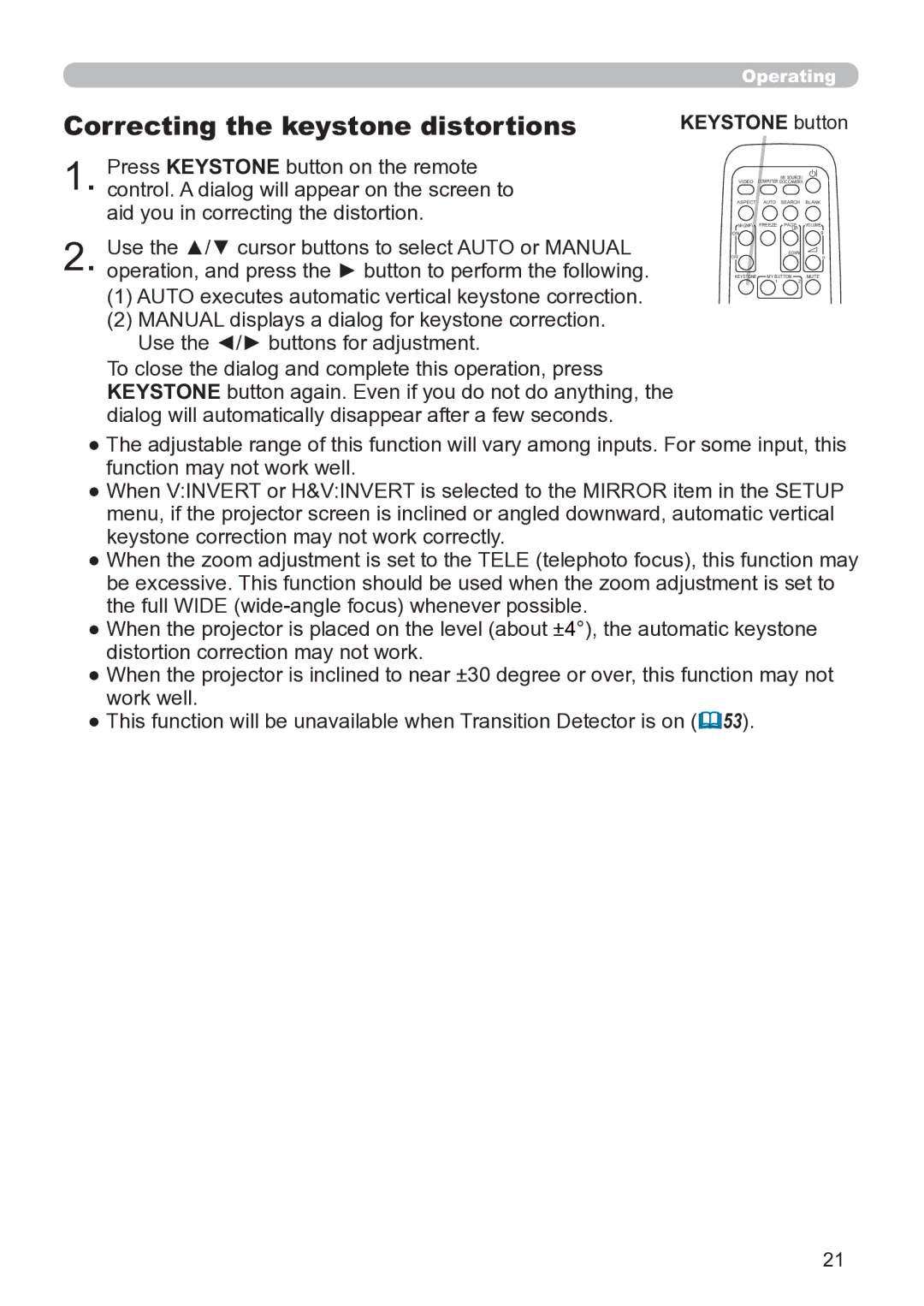 Hitachi CP-X3020 user manual Correcting the keystone distortions, Keystone button 