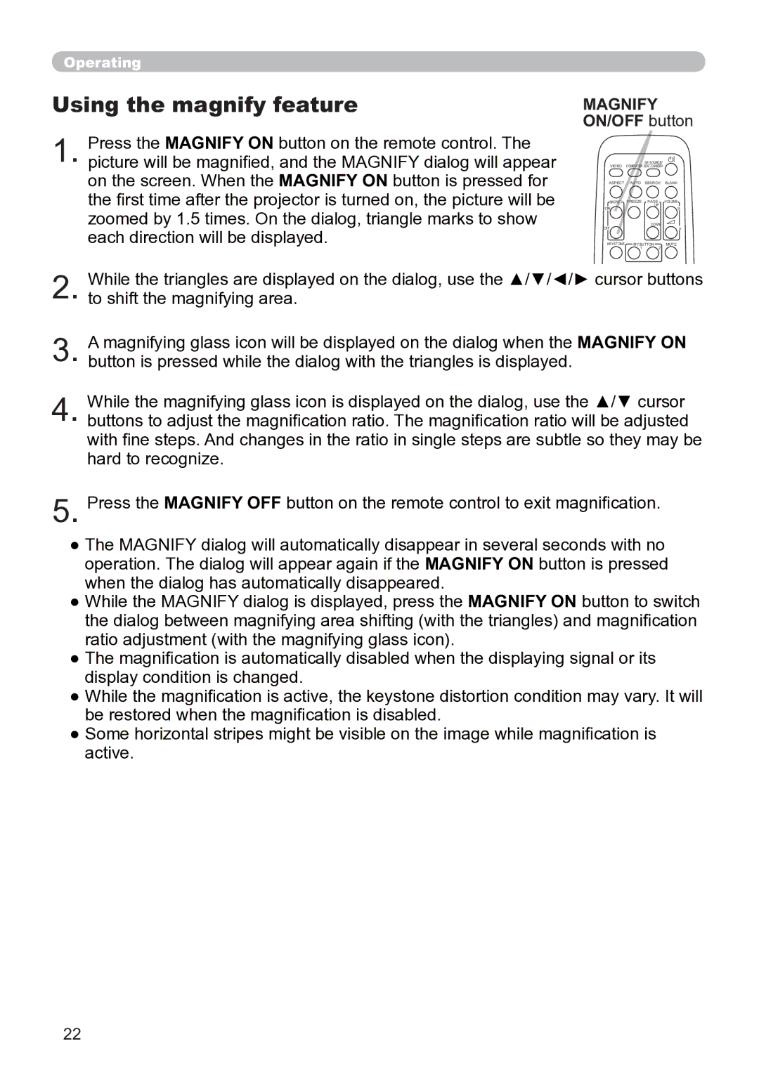 Hitachi CP-X3020 user manual Using the magnify feature, Magnify ON/OFF button 