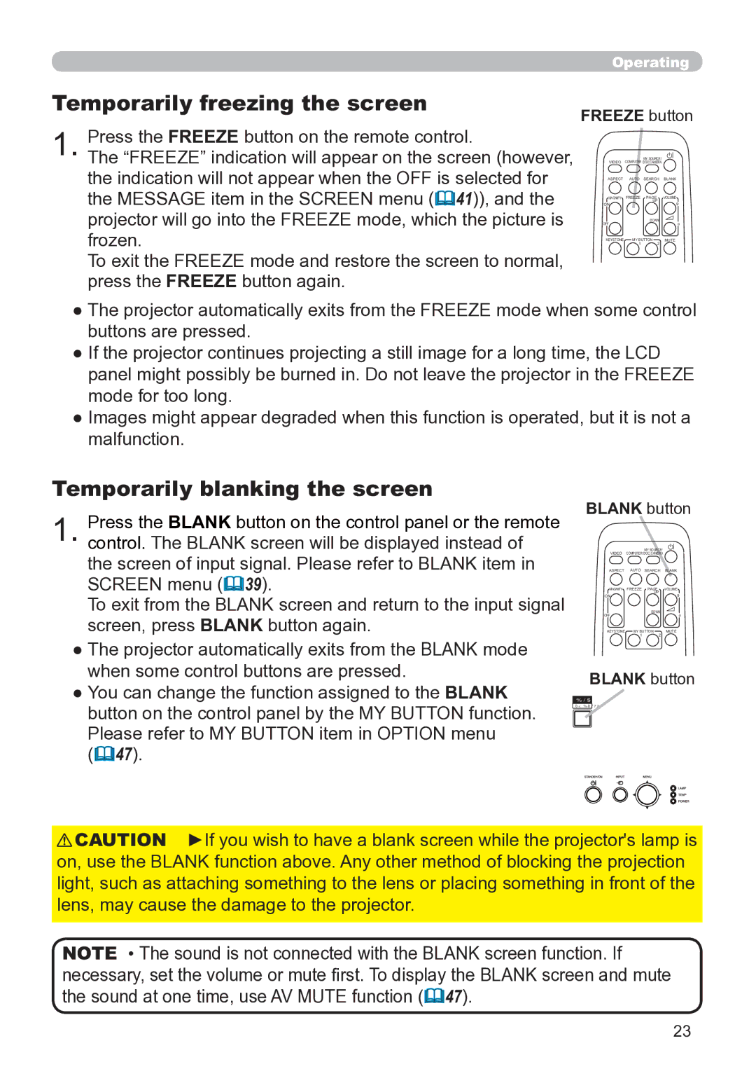 Hitachi CP-X3020 user manual Temporarily freezing the screen, Temporarily blanking the screen, Freeze button, Blank button 