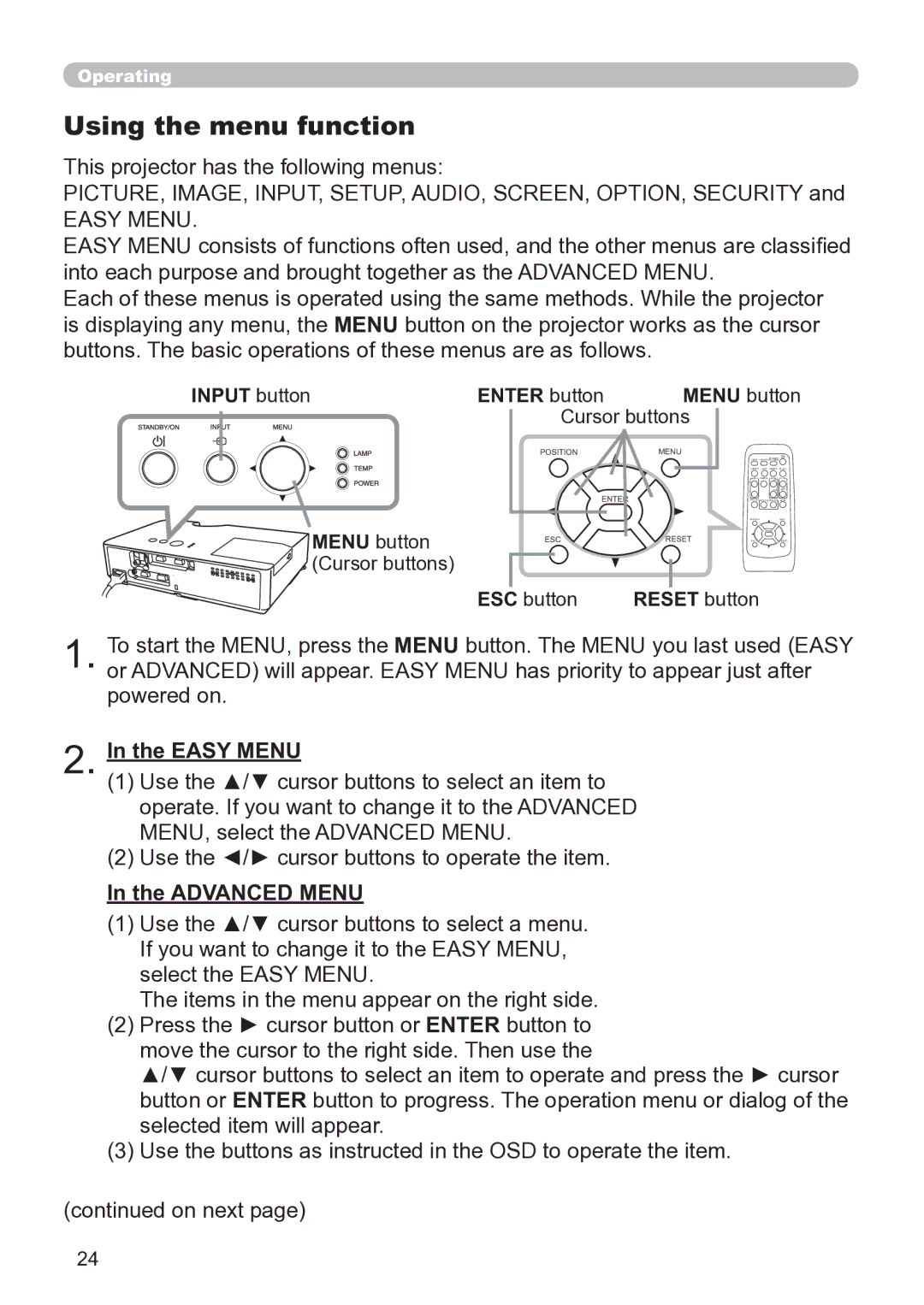 Hitachi CP-X3020 user manual Using the menu function, Advanced Menu, Input button Enter button, ESC button Reset button 